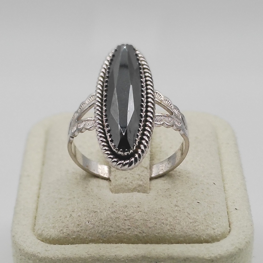 Vintage Black Agate Marquise Statement Ring Silver Tone Rope Border Size 9